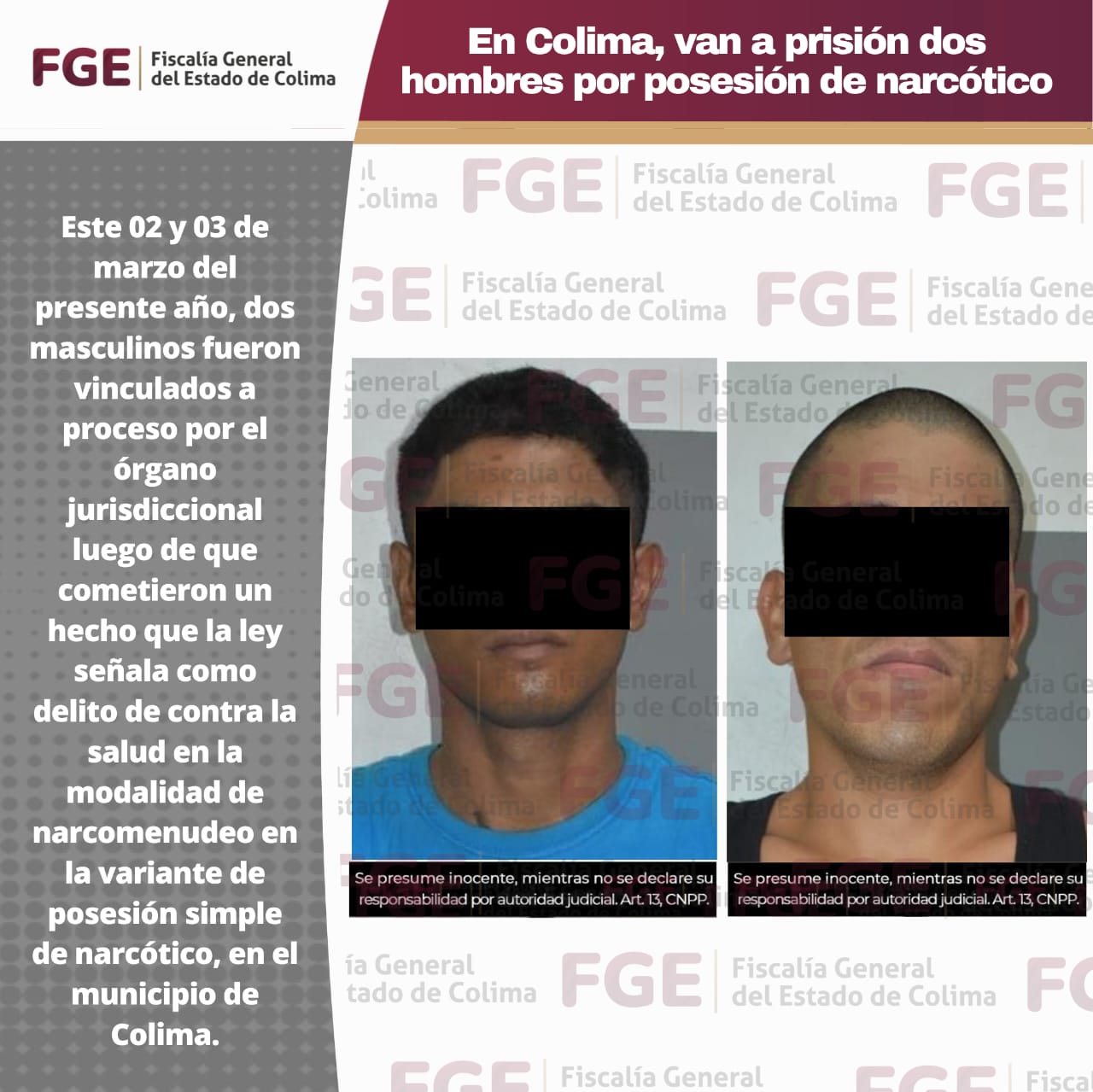 En Colima<br>Van a prisión dos hombres<br>Por posesión de narcótico