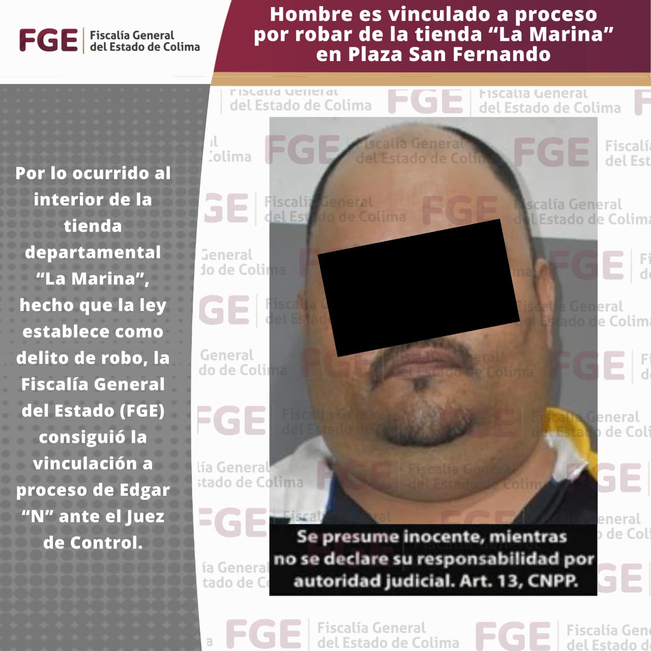 Hombre es vinculado a procesoPor robar de la tienda “La Marina” en Plaza San Fernando