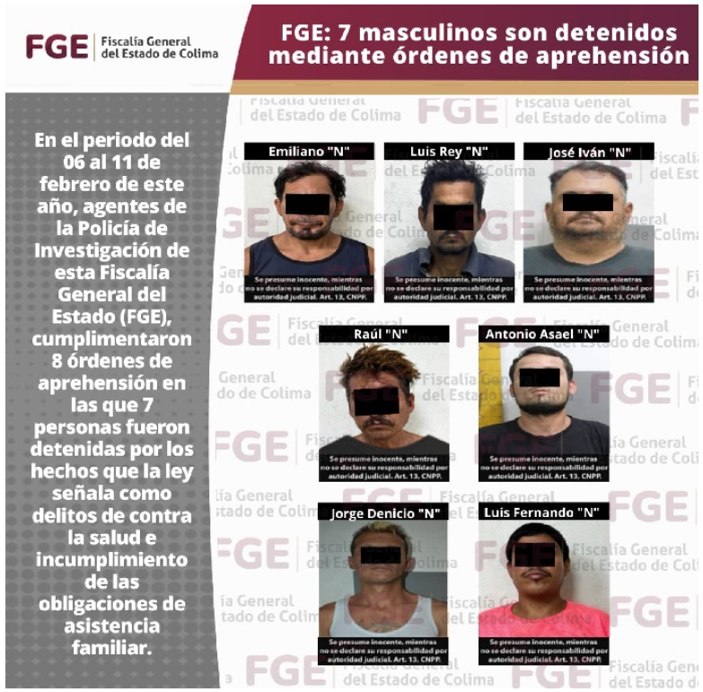 FGE: 7 masculinos son detenidos mediante órdenes de aprehensión