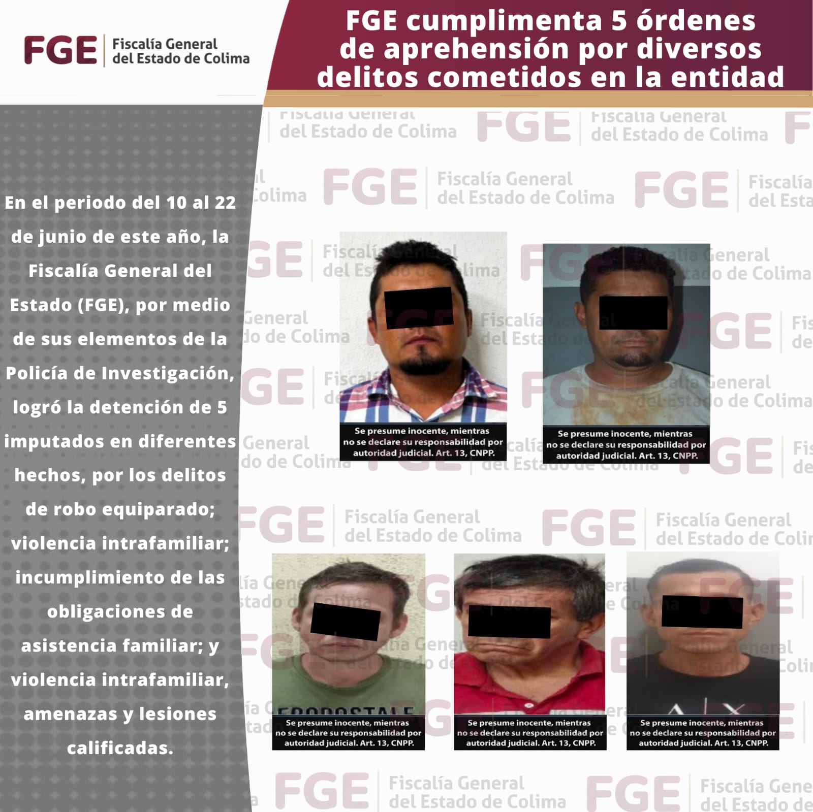 FGE cumplimenta 5 órdenes de aprehensiónpor diversos delitos cometidos en la entidad