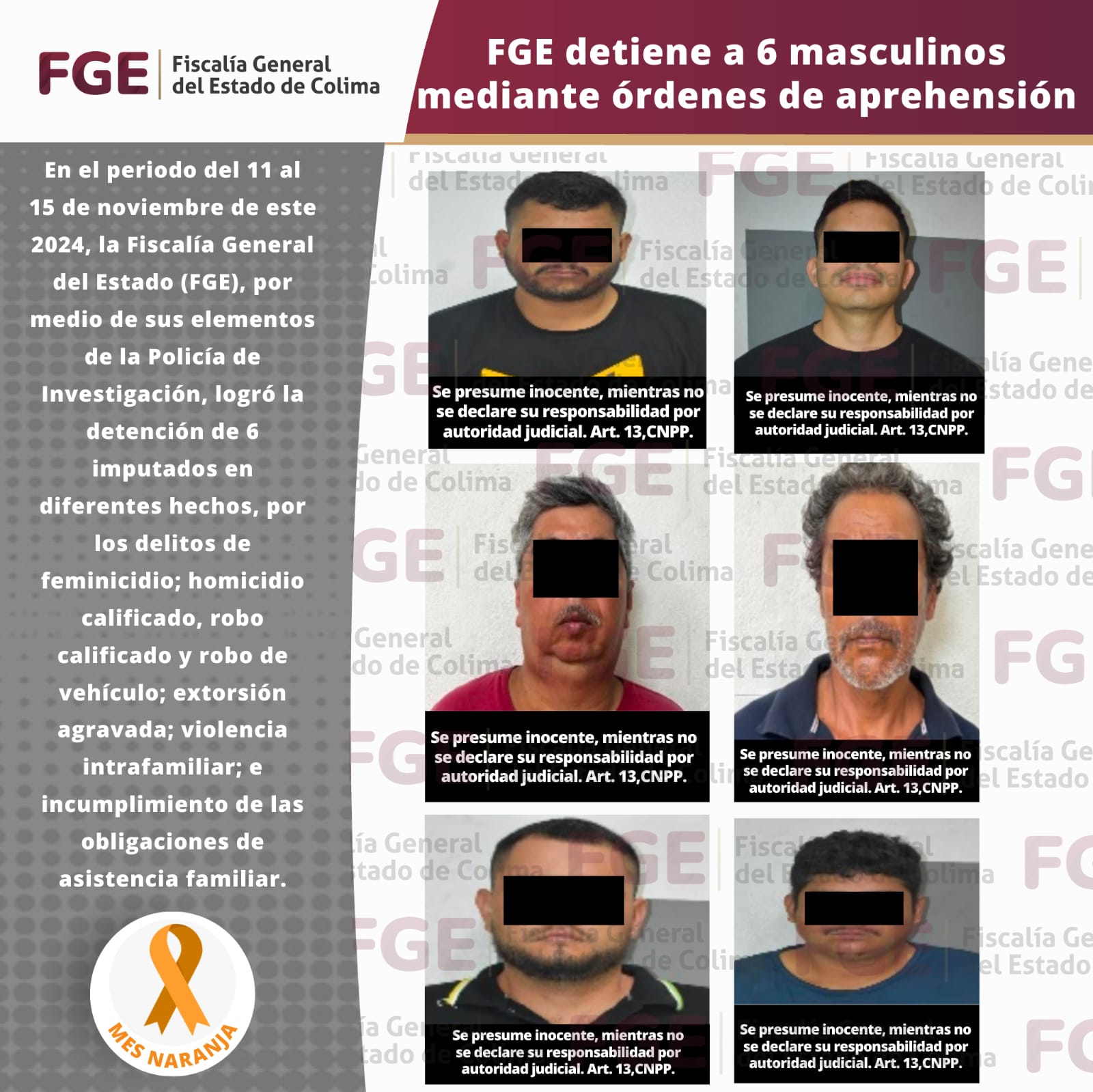 FGE detiene a 6 masculinosmediante órdenes de aprehensión